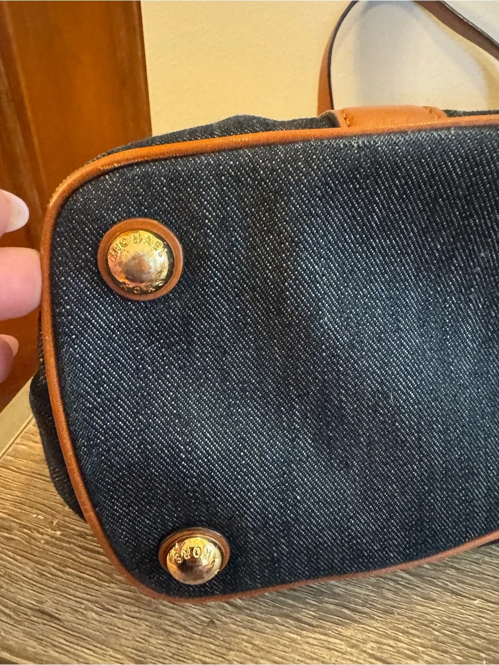 Michael Kors Dark Denim Tote with Brown Leather Trim and MK Charm